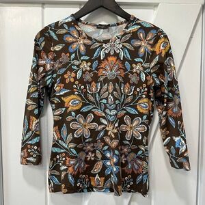 J. McLaughlin Womens Shirt Size S Signature Tee Brown Multi 3/4 Sleeve NEW